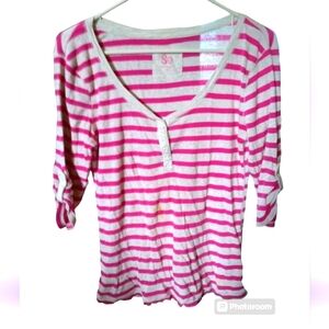 So Hot Pink & grey stripe shirt v neck with buttons quarter sleeve